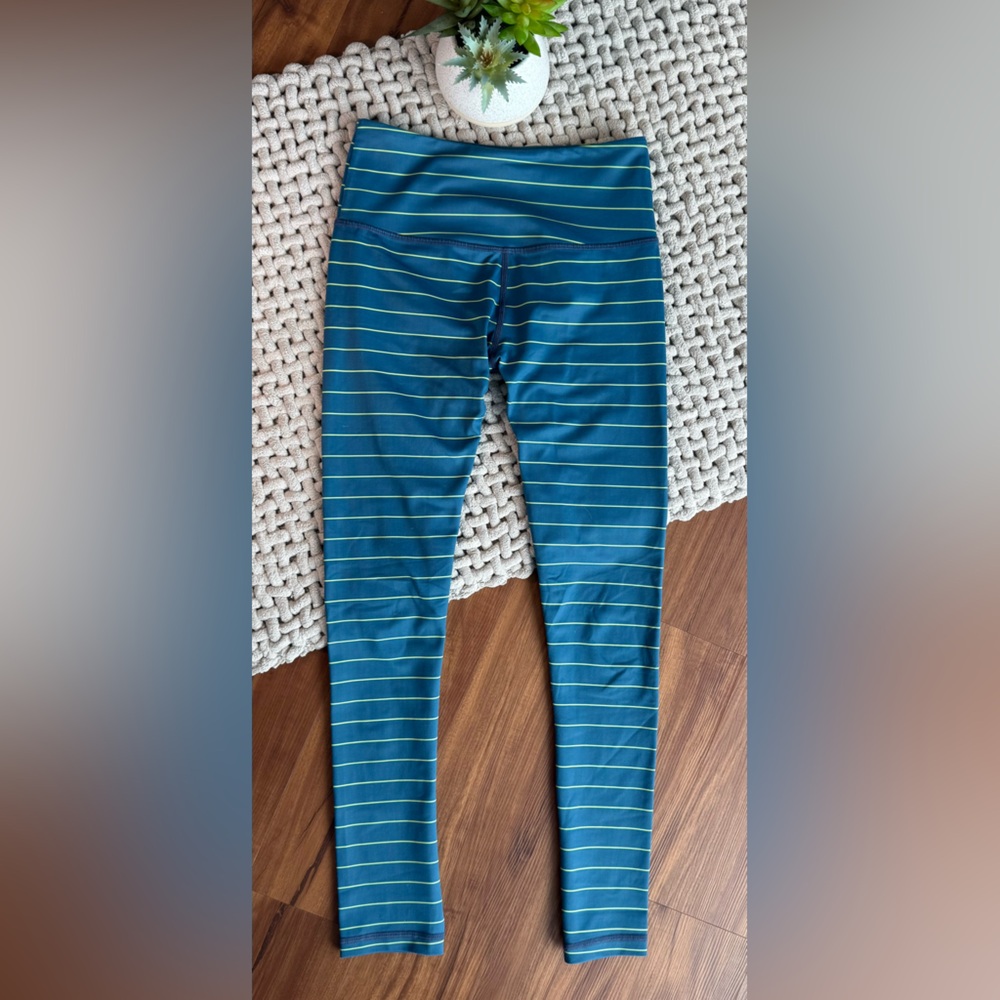 ZYIA | Women’s Light n Tight 7/8 Striped Teal and Neon Yellow Leggings | X-Small